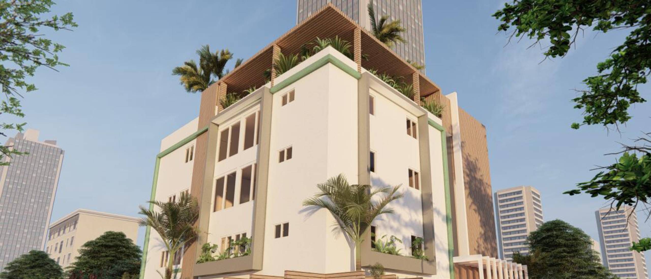 Fachada del Edificio Jahaziel I, cinco niveles con acabado claro, celosías de madera y terraza ajardinada en la azotea.