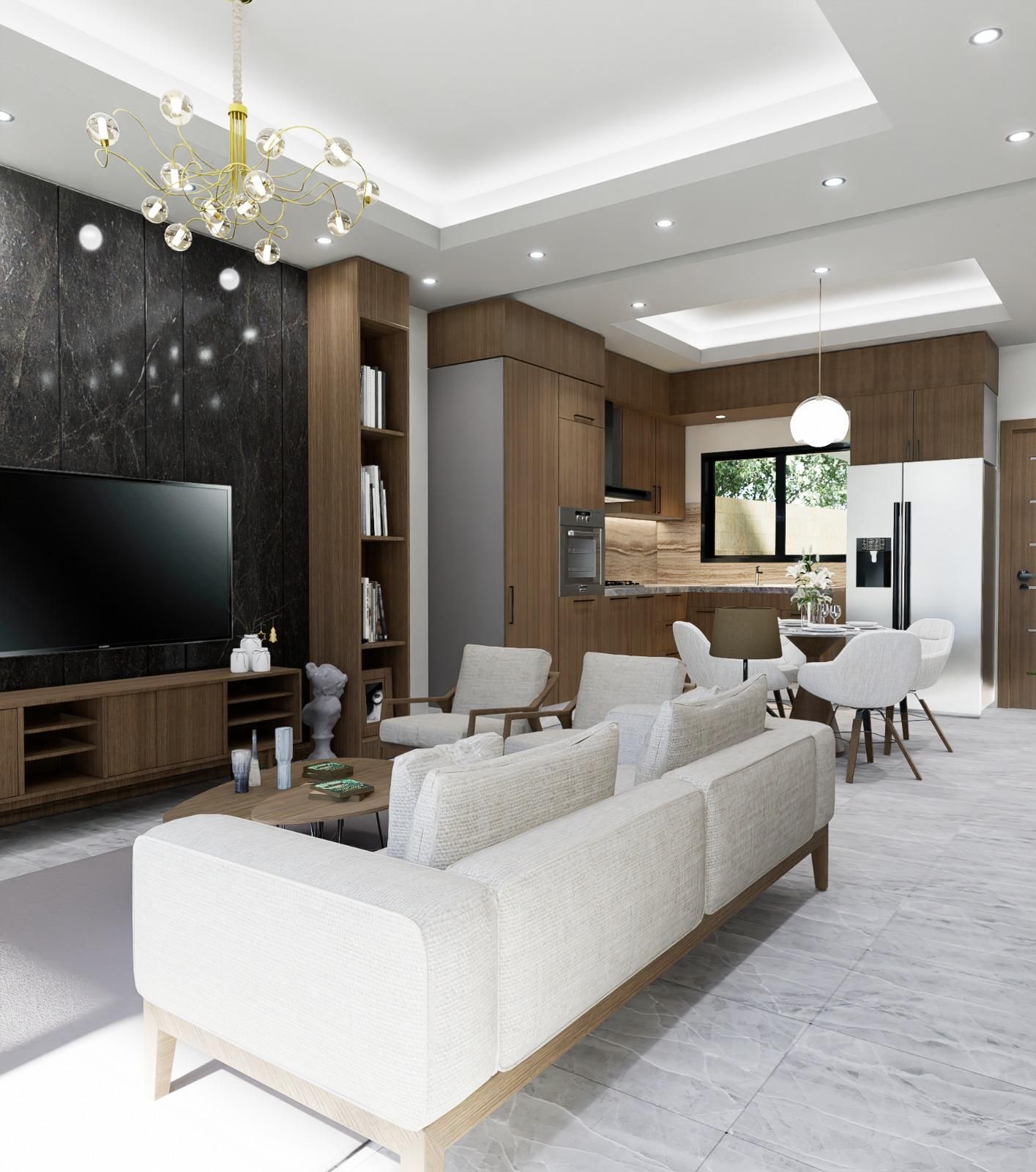 Visualización de la sala-comedor con cocina integrada de una unidad de Punta Cana.